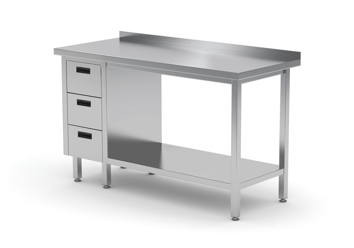 Edelstahl Gastro-Arbeitstisch mit 3 Schubladen links sowie Grundboden und Aufkantung | AISI 430 Qualität | HxBxT 85x90x60cm