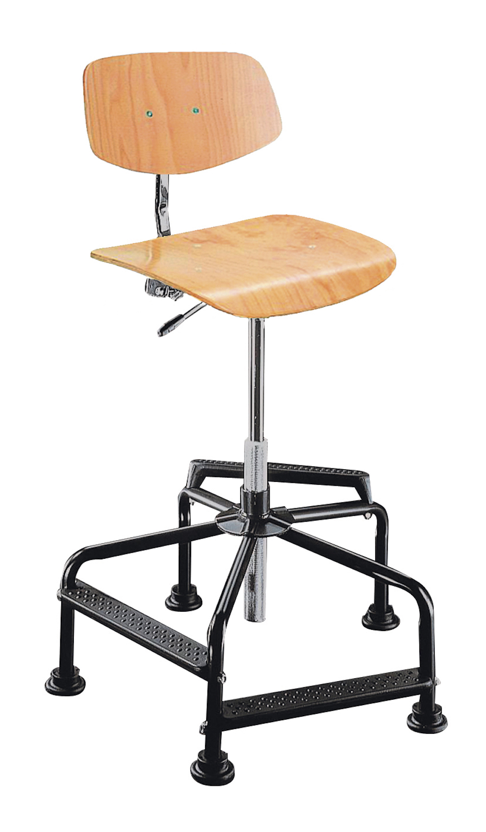 Arbeitsstuhl Arlington High mit kleiner Rückenlehne | Sitzhöhe 46-86cm | Tragfähigkeit 110kg | Buche-Sitz | Stahlrohr-Fußkreuz mit Gleiter & Fußstützen | Buche