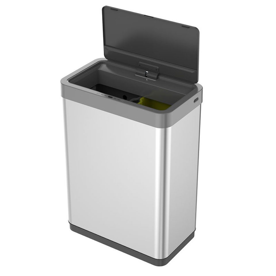 Sensor-Abfallbehälter aus mattem Edelstahl | 20+20 Liter, HxBxT 64,8x47x28cm | zwei Kunststoff-Inneneimer | Automatische Öffnung/Schließung | Silber
