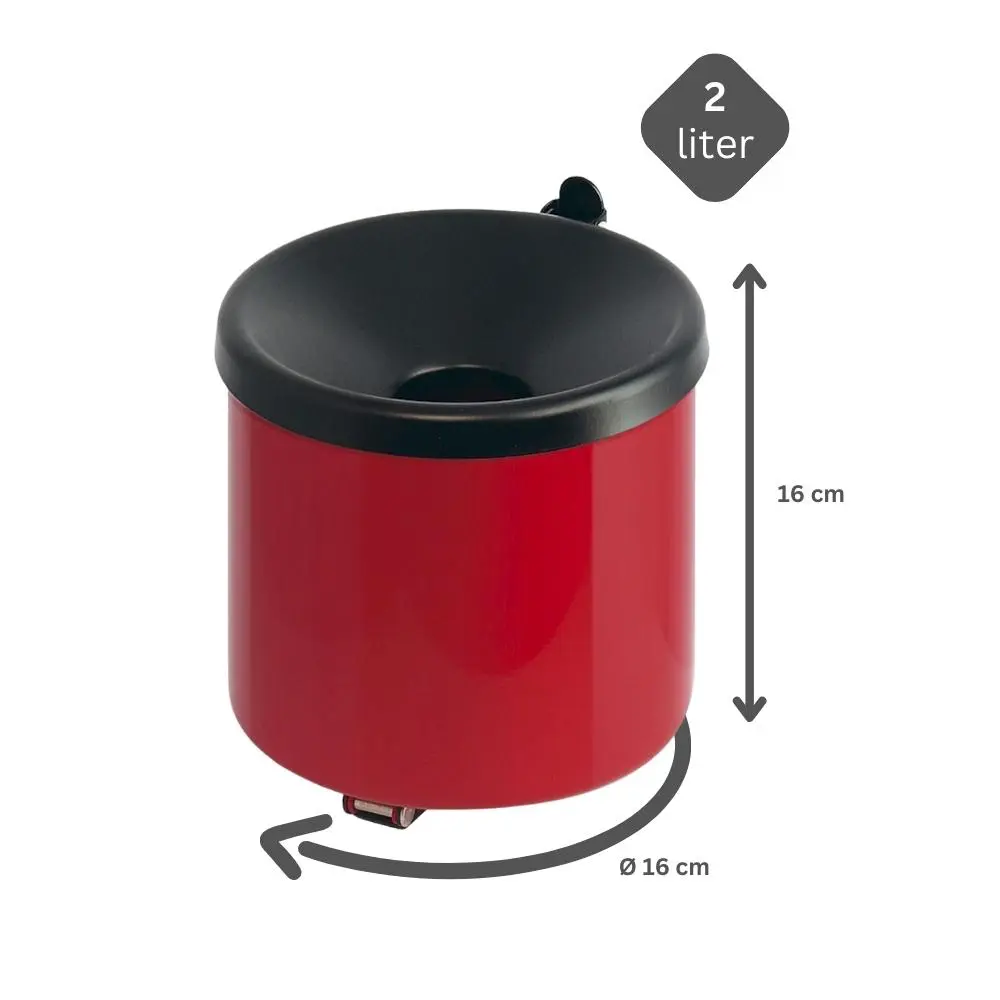 Runder Sicherheits-Wandaschenbecher mit Kippvorrichtung | 2 Liter, HxØ 16x16cm | Metall | Rot mit schwarzem Deckel