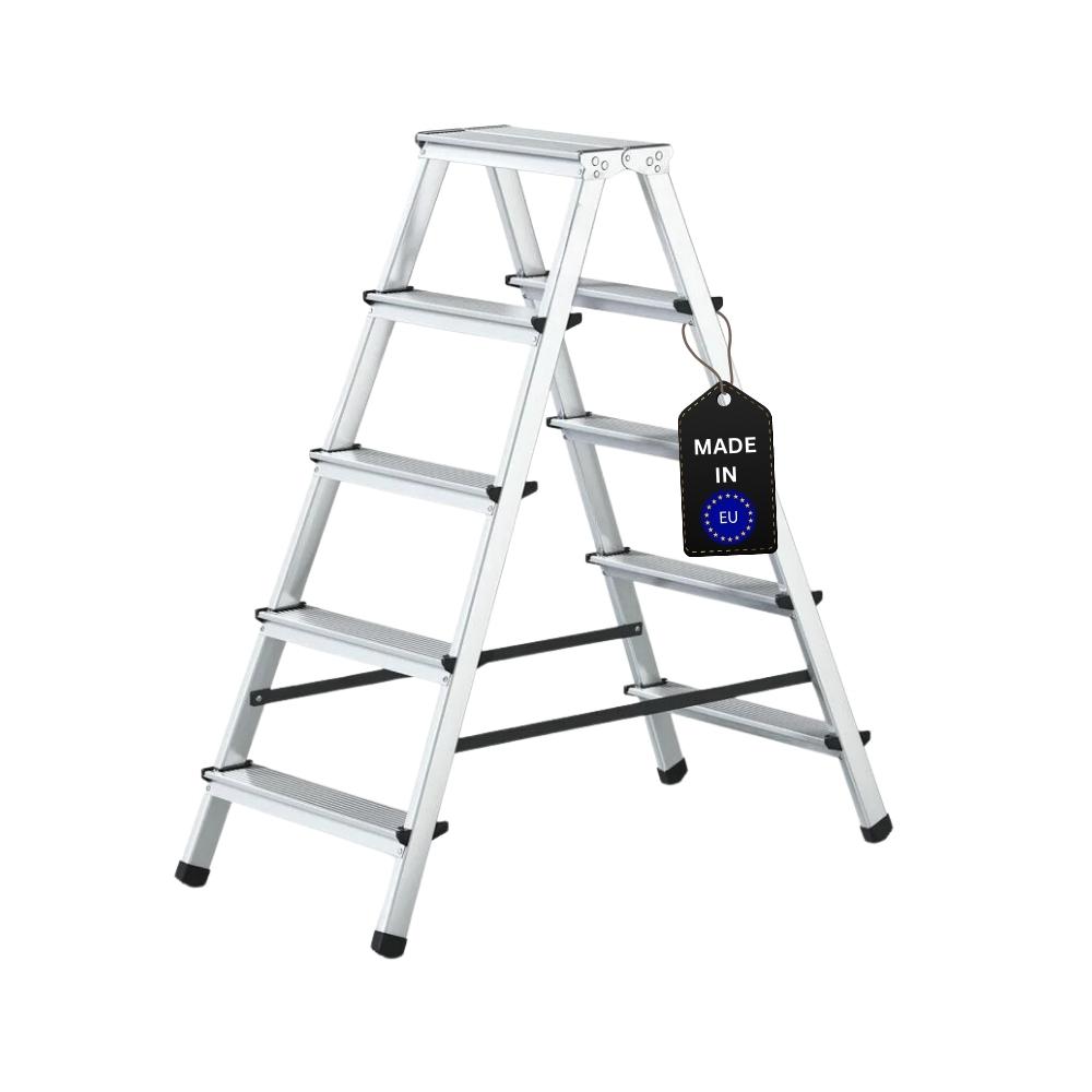 Stufenstehleiter ECONOMY BASIC | beidseitig begehbar | 2x5 Stufen | Arbeitshöhe 3,03m | Traglast 125kg