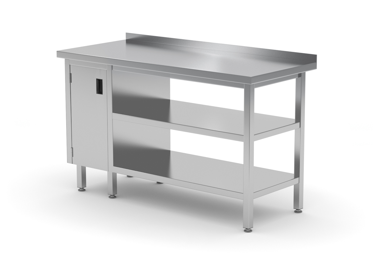 Edelstahl Gastro-Arbeitstisch mit Klapptür links sowie Grund- und Zwischenboden und Aufkantung | AISI 430 Qualität | HxBxT 85x90x60cm