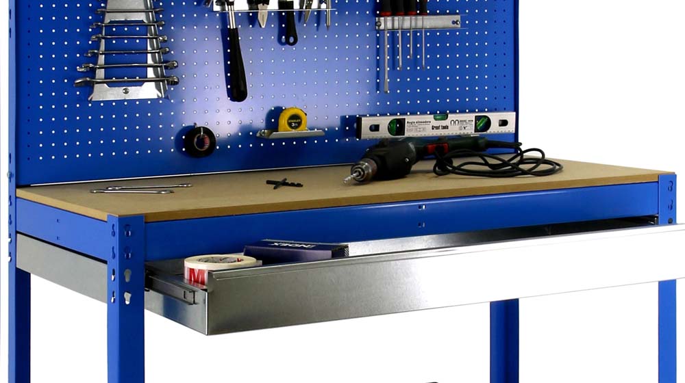 Werkbank BUFFALO mit Werkzeugwand, Schubfach und Ablage | HxBxT 84x90x61cm | Traglast 400kg | Blau