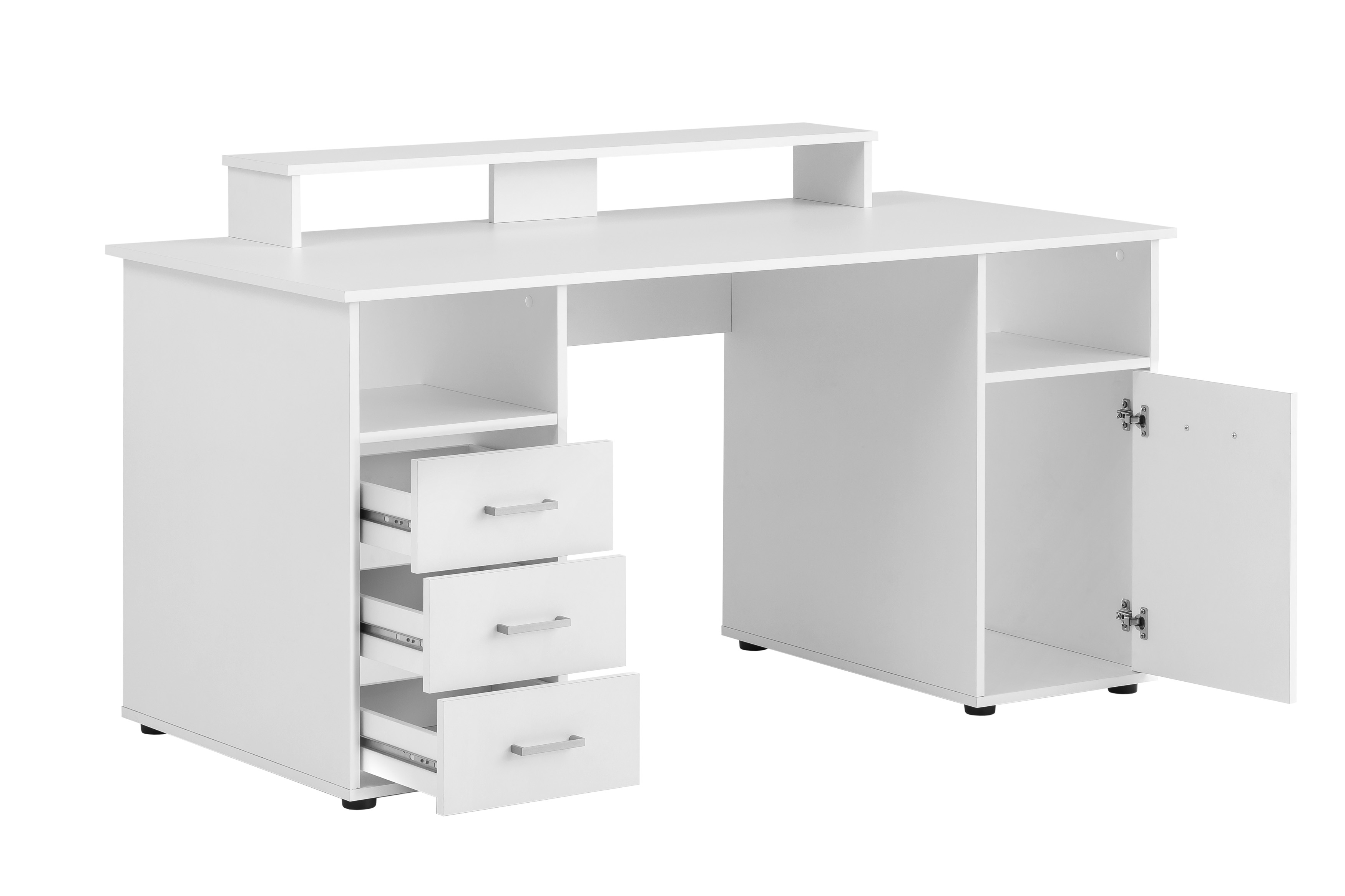 Möbelpartner Schreibtisch Fox | Large | HxBxT 86x150x70cm | 3 Schubladen, 2 offene Fächer, 1 Fach mit Flügeltür & Monitorständer | Weiß