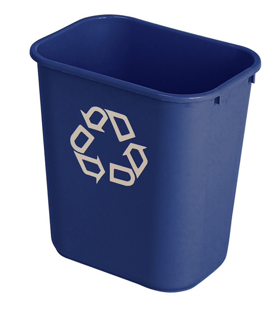 Rubbermaid rechteckiger Abfallbehälter aus Polyethylen | 26,6 Liter, HxBxT 38,1x26x36,3cm | Blau mit Recyclingsymbol