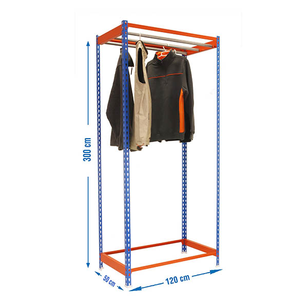 Kleiderstangenregal Metal Einzel | HxBxT 300x120x50cm | Blau/Orange | Kleiderständer Garderobe Klamottenregal Stangenregal Regal