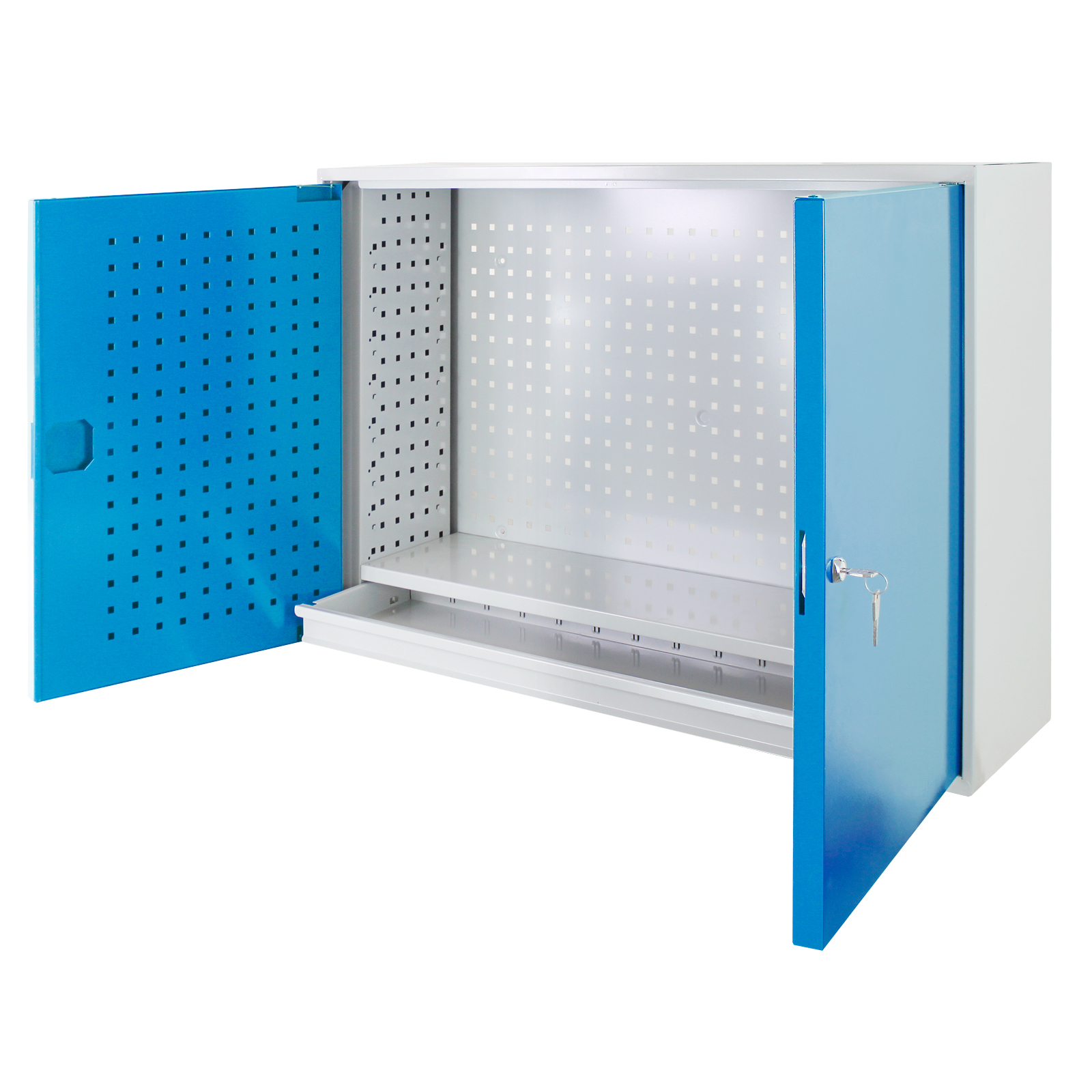 Werkzeugwandschrank mit 2 Türen + 1 Fachboden + 1 Schublade | HxBxT 75,5x105x31cm | Lichtgrau/Lichtblau
