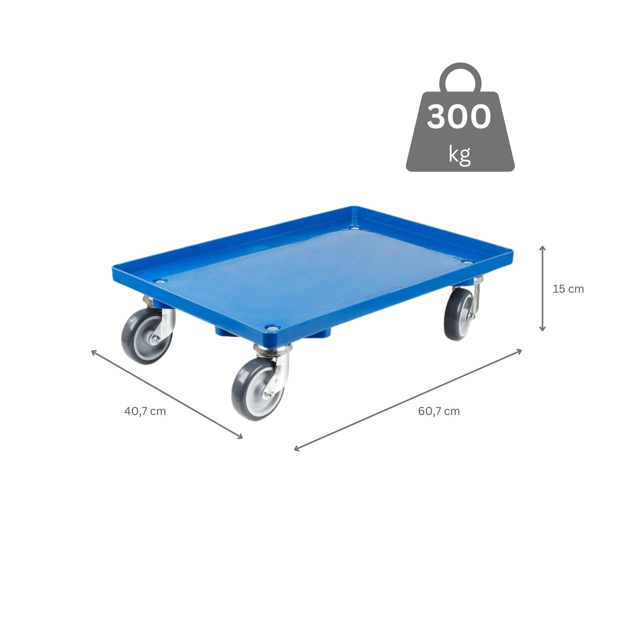 SparSet 2x Transportroller für Euroboxen 60x40cm mit Gummiräder blau | Geschlossenes Deck | 2 Lenkrollen & 2 Bremsrollen | Traglast 300kg | Kistenroller Logistikroller Rollwagen Profi-Fahrgestell