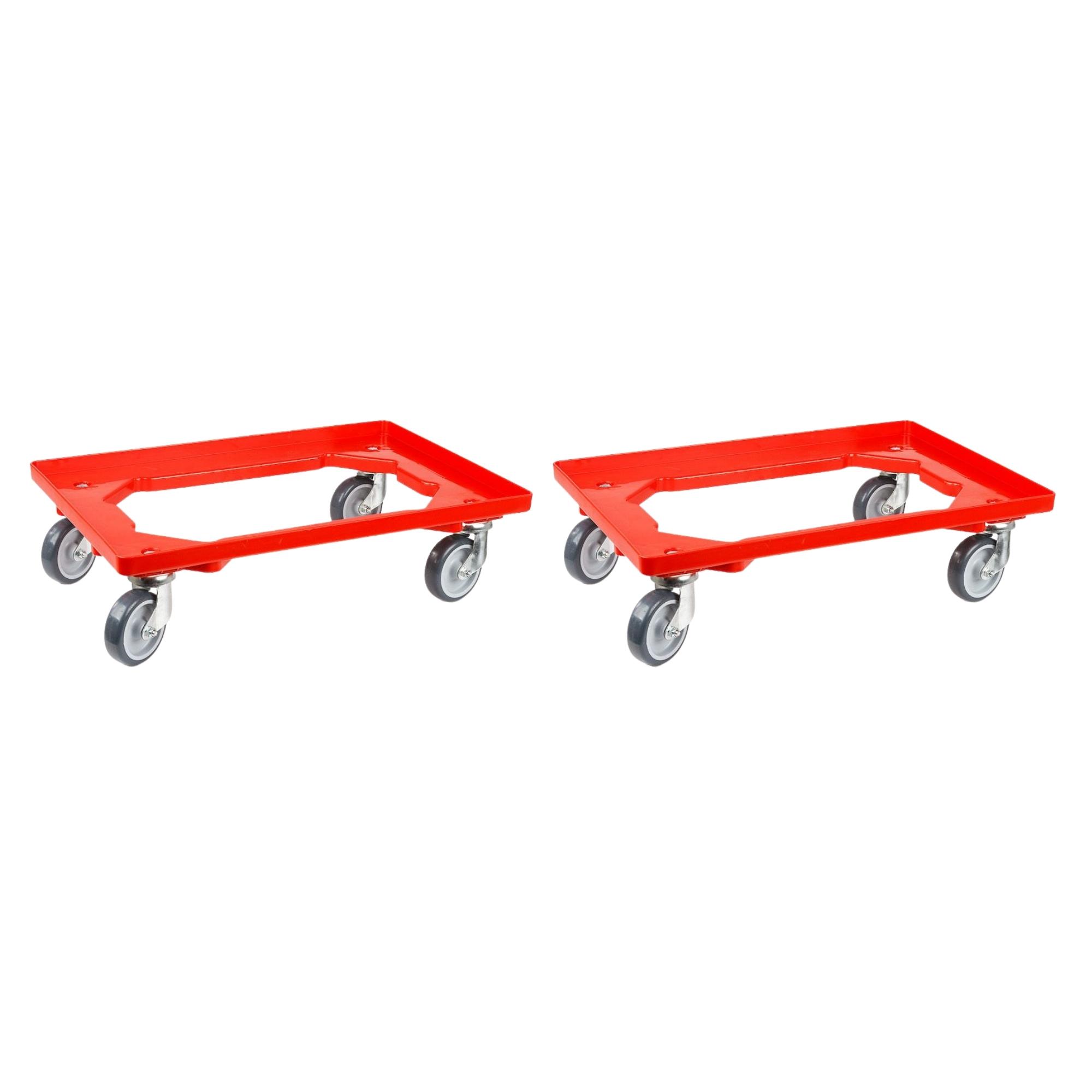 SparSet 2x Transportroller für Euroboxen 60x40cm mit Gummiräder rot | Offenes Deck | 2 Lenkrollen & 2 Bockrollen | Traglast 300kg | Kistenroller Logistikroller Rollwagen Profi-Fahrgestell