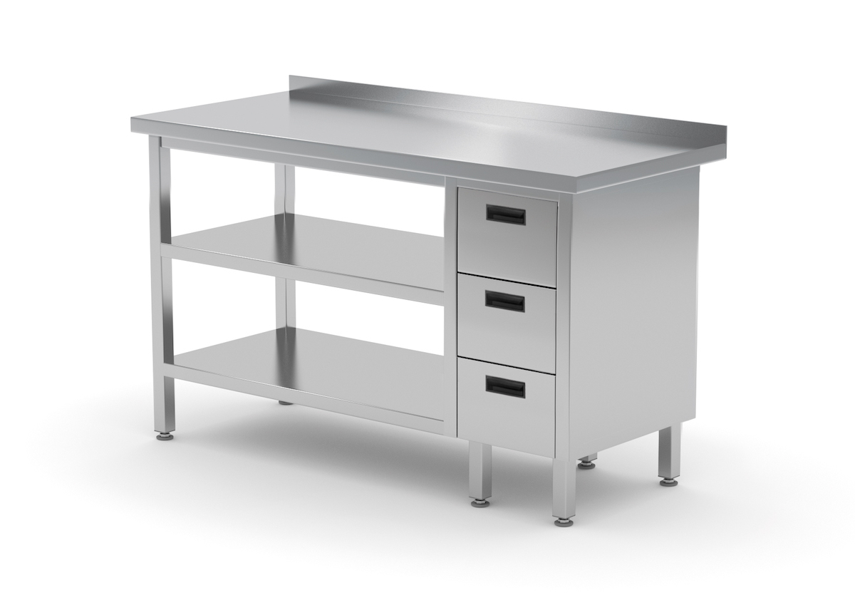Edelstahl Gastro-Arbeitstisch mit 3 Schubladen rechts sowie Grund- und Zwischenboden und Aufkantung | AISI 430 Qualität | HxBxT 85x110x70cm