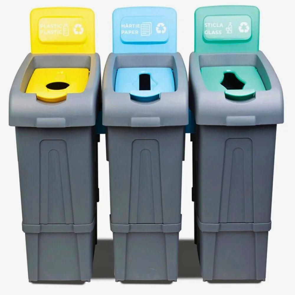 Abfalleimer Mülltrennsystem Kunststoff/PET-Falschen | 80 Liter HxBxT 105x34x55cm | Recyclingstation Mülleimer Trennsystem | Grau/Gelb