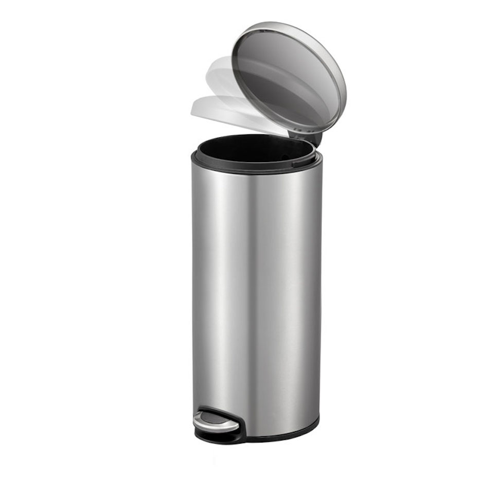 Exklusiver Design-Abfallbehälter mit elegantem Pedal & geräuschlos schließendem Deckel mit Stay-open-Funktion | 30 Liter, HxØ 67,1x29,2cm | Silber