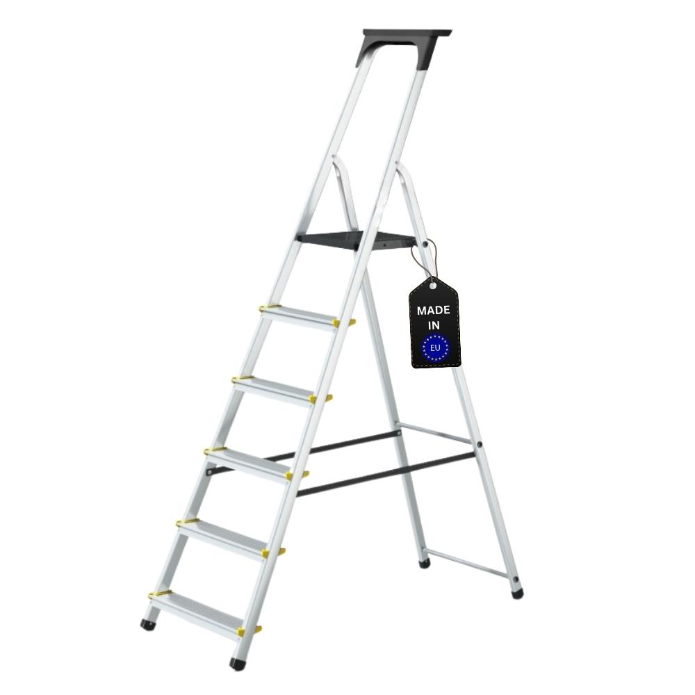 Stufenstehleiter mit Werkzeugablage ECONOMY BASIC | einseitig begehbar | 6 Stufen | Arbeitshöhe 3,19m | Traglast 150kg