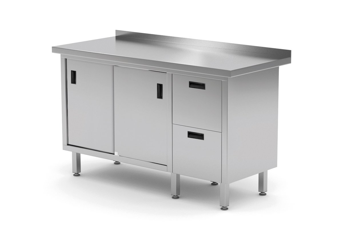 Edelstahl Gastro-Arbeitstisch mit 2 Schubladen und 2 Schiebetüren | AISI 430 Qualität | HxBxT 85x120x60cm
