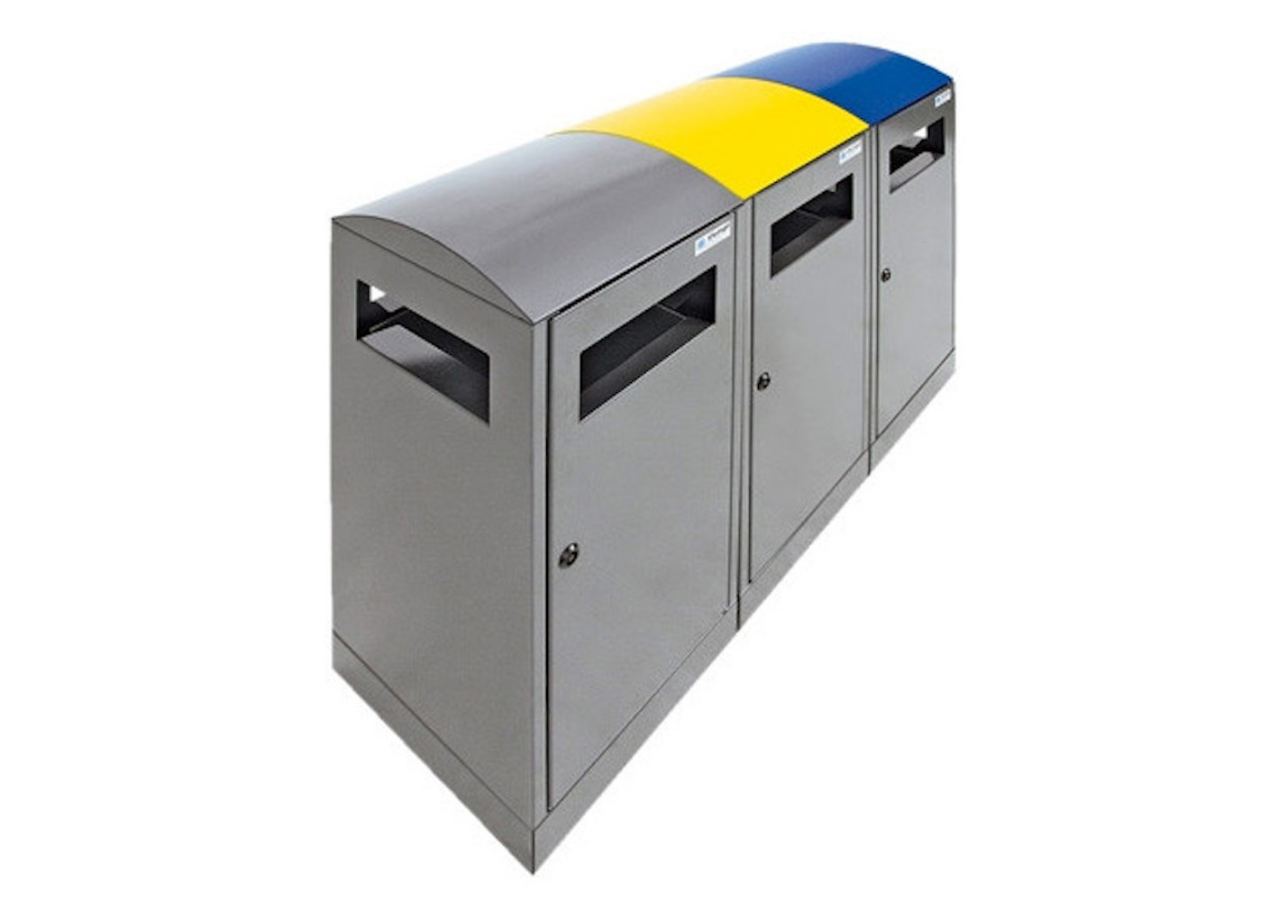 Abfallbehälter für Außenbereiche mit verzinktem Innenbehälter | 3x40 Liter, HxBxt 81,5x105x35cm | Brandschutzklasse A1 | Anthrazitgrau/Enzianblau/Signalgelb