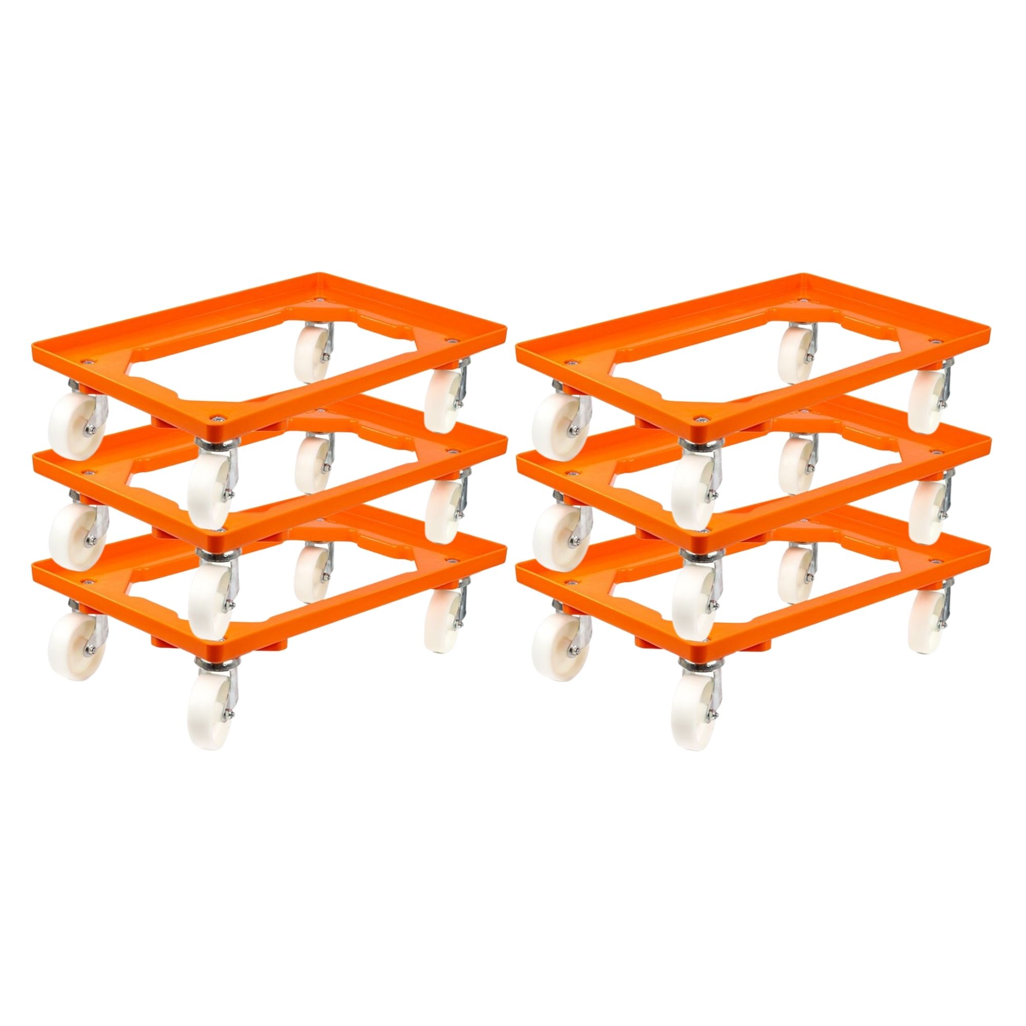 Transportroller für Euroboxen 60x40cm mit Kunststoffräder orange | Offenes Deck | 4 Lenkrollen | Traglast 300kg | Kistenroller Logistikroller Rollwagen Profi-Fahrgestell