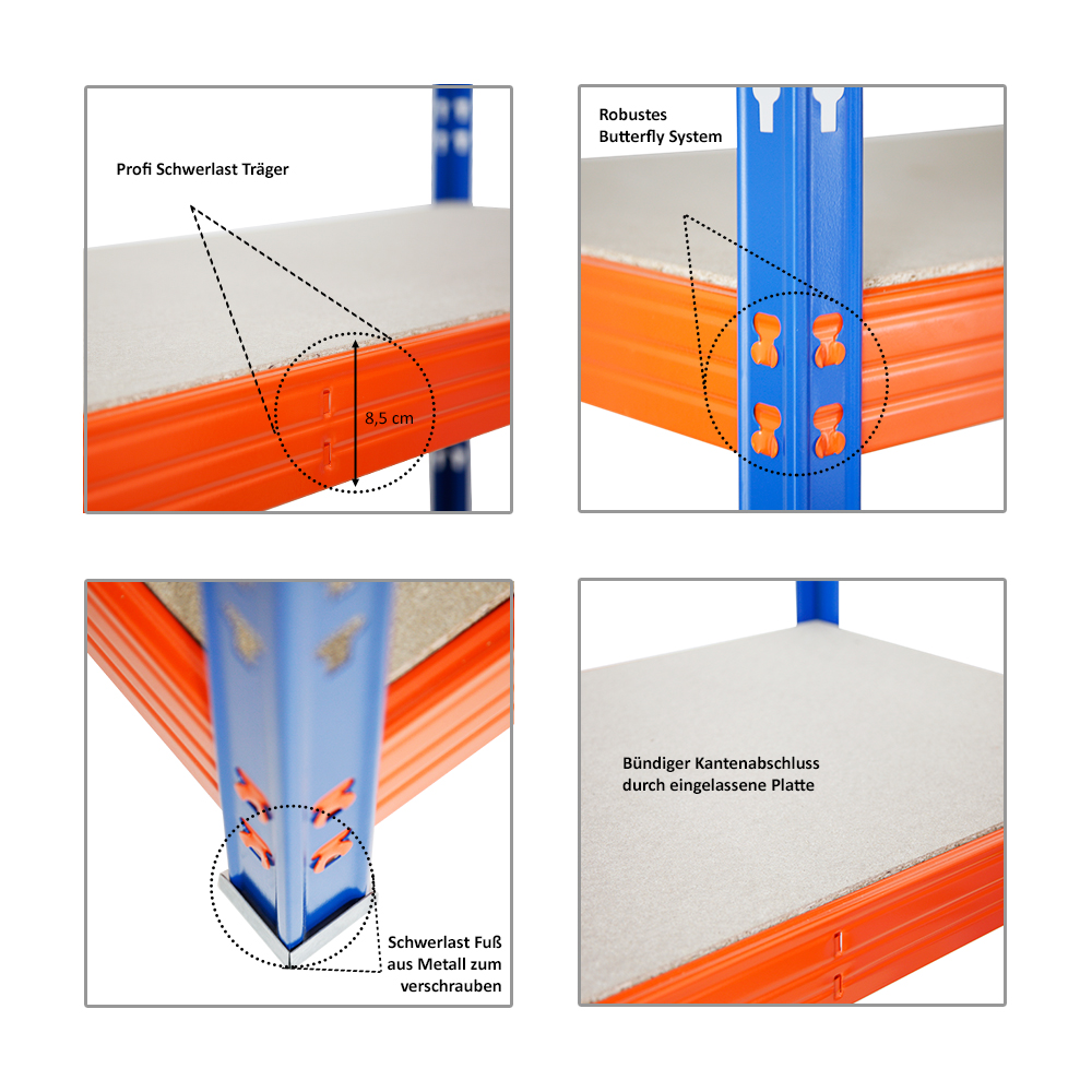 Profi Schwerlastregal RHINO | HxBxT 180x200x60cm | 4 Spanplatten-Ebenen 8mm | Fachlast 500kg | Blau/Orange