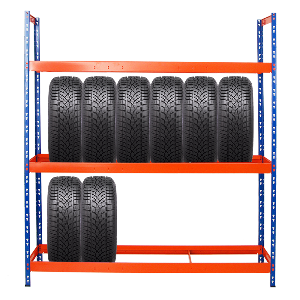 Reifenregal Tiger XL | HxBxT 200x180x45 cm | 300kg Fachlast | bis zu 21 Reifen (205/55 R16) | Blau/Orange