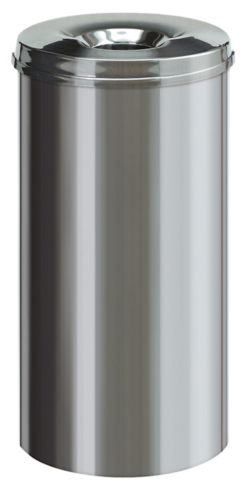 Selbstlöschender Papierkorb & Abfallsammler aus Edelstahl | 50 Liter, HxØ 62,5x33,5cm | Silber