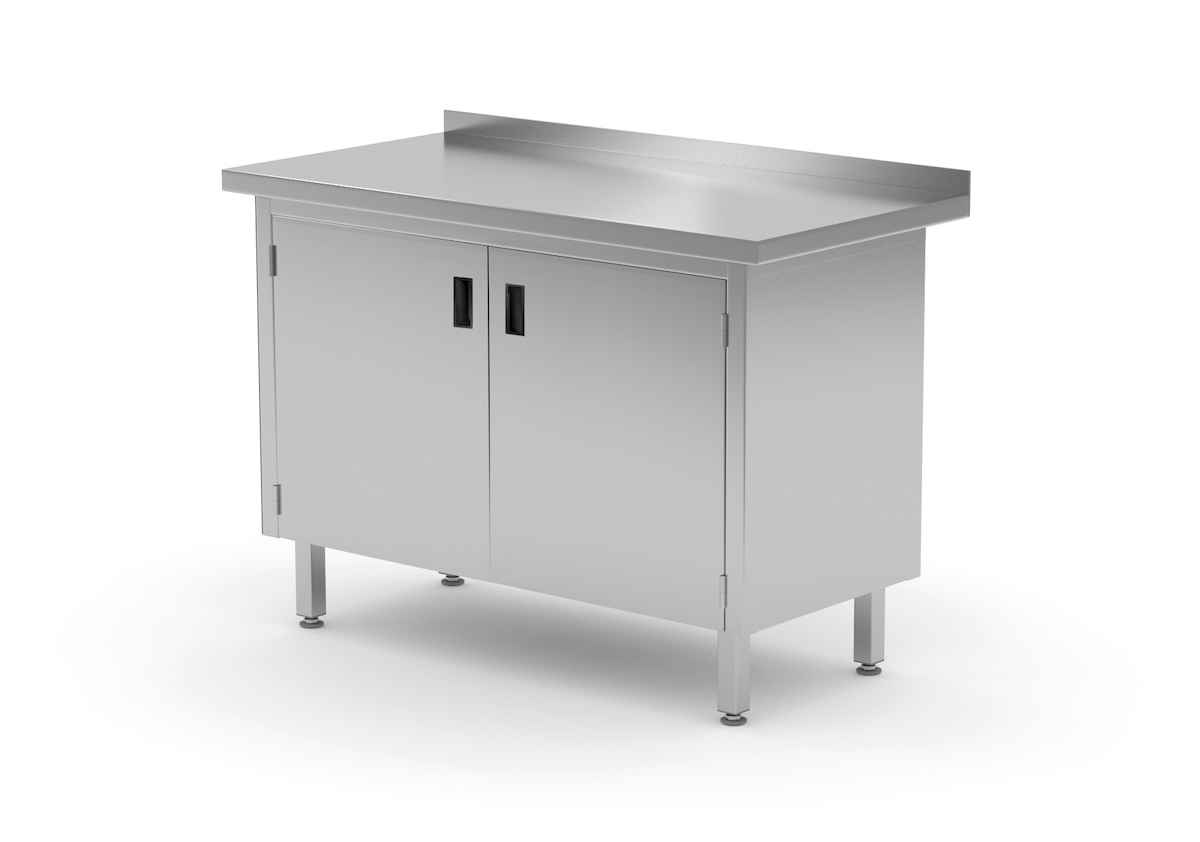 Edelstahl Gastro-Arbeitstisch mit 2 Klapptüren und Aufkantung | AISI 430 Qualität | HxBxT 85x90x60cm