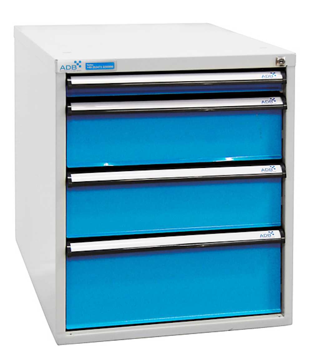 Schubladenbox mit 4 Schubladen für Werkbank Rhino| HxBxT 65x53x70cm | Traglast 60kg | Lichtgrau/Lichtblau