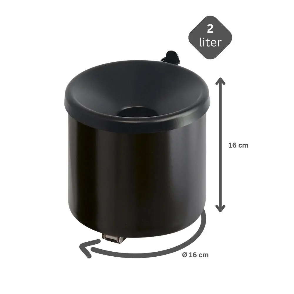 Runder Sicherheits-Wandaschenbecher mit Kippvorrichtung | 2 Liter, HxØ 16x16cm | Metall | Schwarz mit schwarzem Deckel