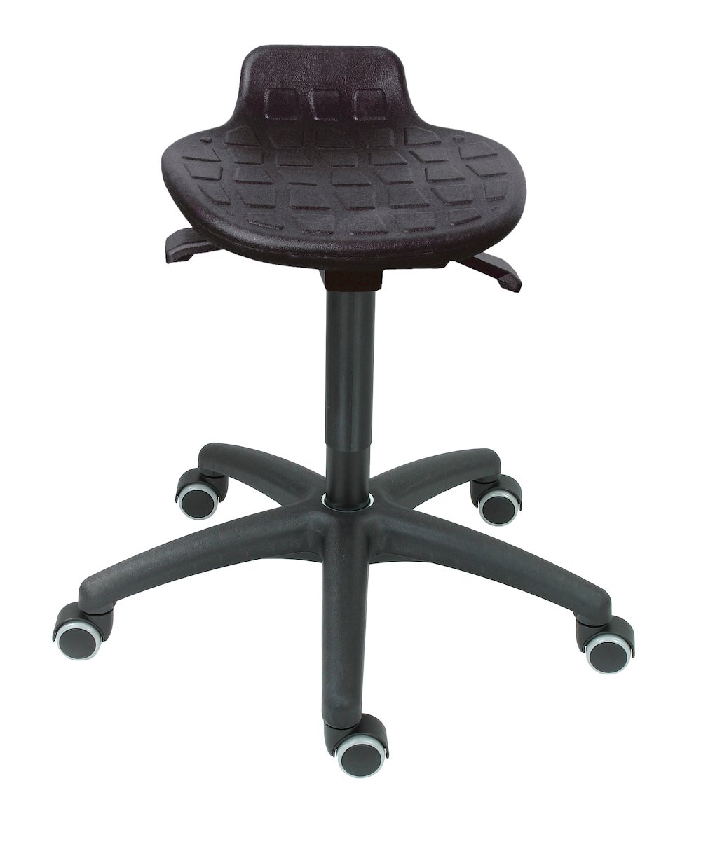 Hocker Orlando | Sitzhöhe 45-64cm | Ø 63cm | Tragfähigkeit 110kg | Polyurethane-Sitz | Kunststoff-Fußkreuz mit Rollen | Schwarz
