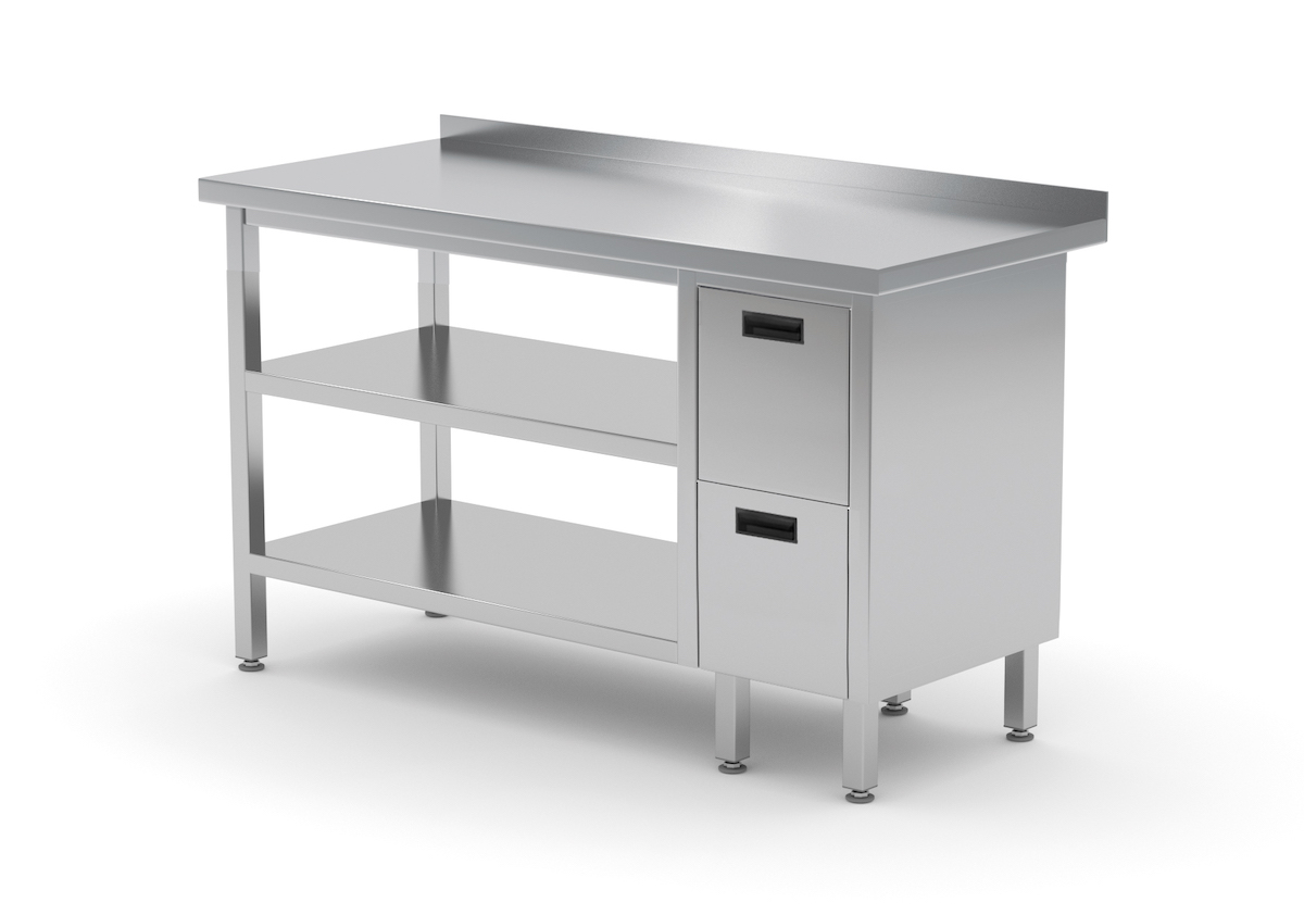 Edelstahl Gastro-Arbeitstisch mit 2 Schubladen rechts sowie Grund- und Zwischenboden und Aufkantung | AISI 430 Qualität | HxBxT 85x100x70cm