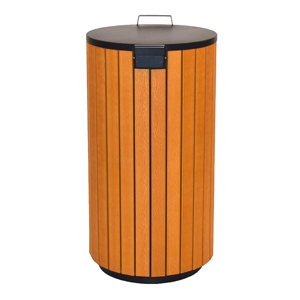 Robuster Abfallbehälter für den Außenbereich mit verzinktem Innenbehälter | 90 Liter, HxØ 86x46cm | Holzoptik, Anthrazit