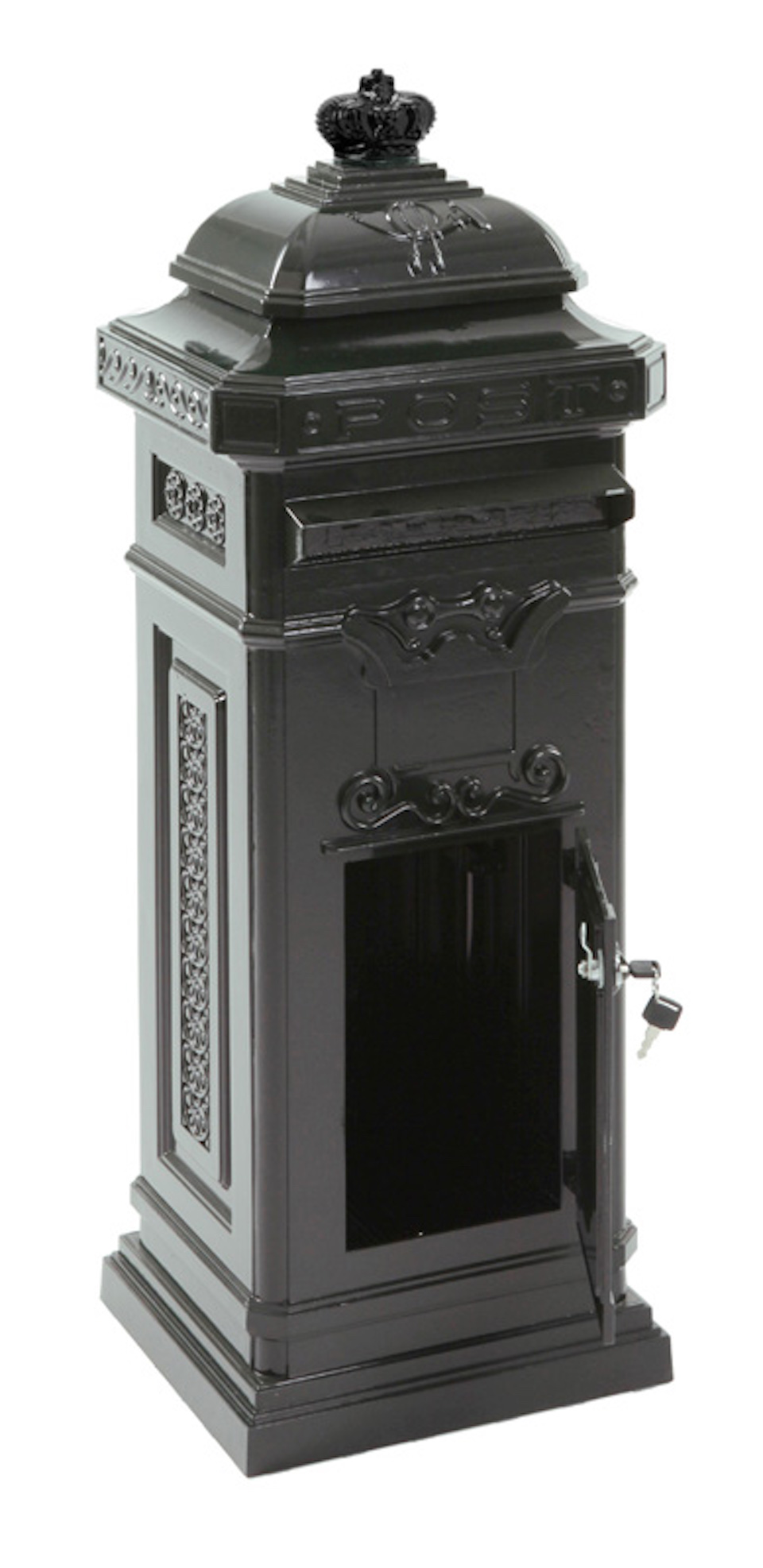 Nostalgischer Säulen-Briefkasten aus Gießaluminium | HxBxT 110x33x36,5cm| Einwurföffnung 28,5x2,5cm | Grün
