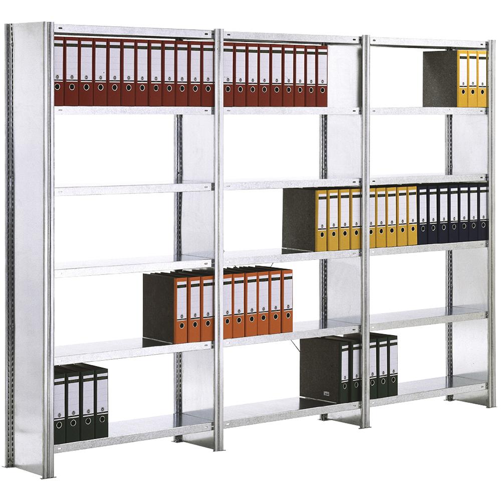 Büro-Fachbodenregal FALKE Stecksystem mit Seitenwand | Grundregal | Extra-Tall | HxBxT 232x88x60cm | 7 Stahlfachboden | Einseitig nutzbar | Verzinkt
