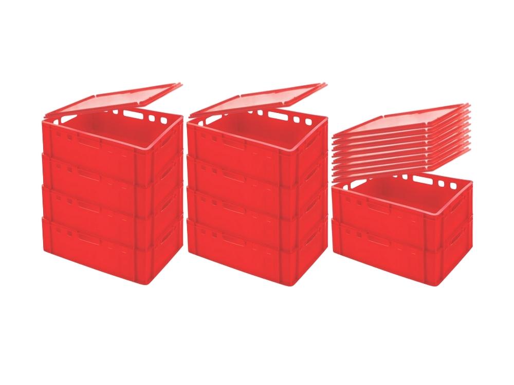 SparSet 10x Eurobehälter Fleischerkasten E2 mit Auflagendeckel | HxBxT 20x40x60cm | 41 Liter | Rot | Fleischerkiste, Fleischkiste, Metzgerkiste, Fleischbehälter