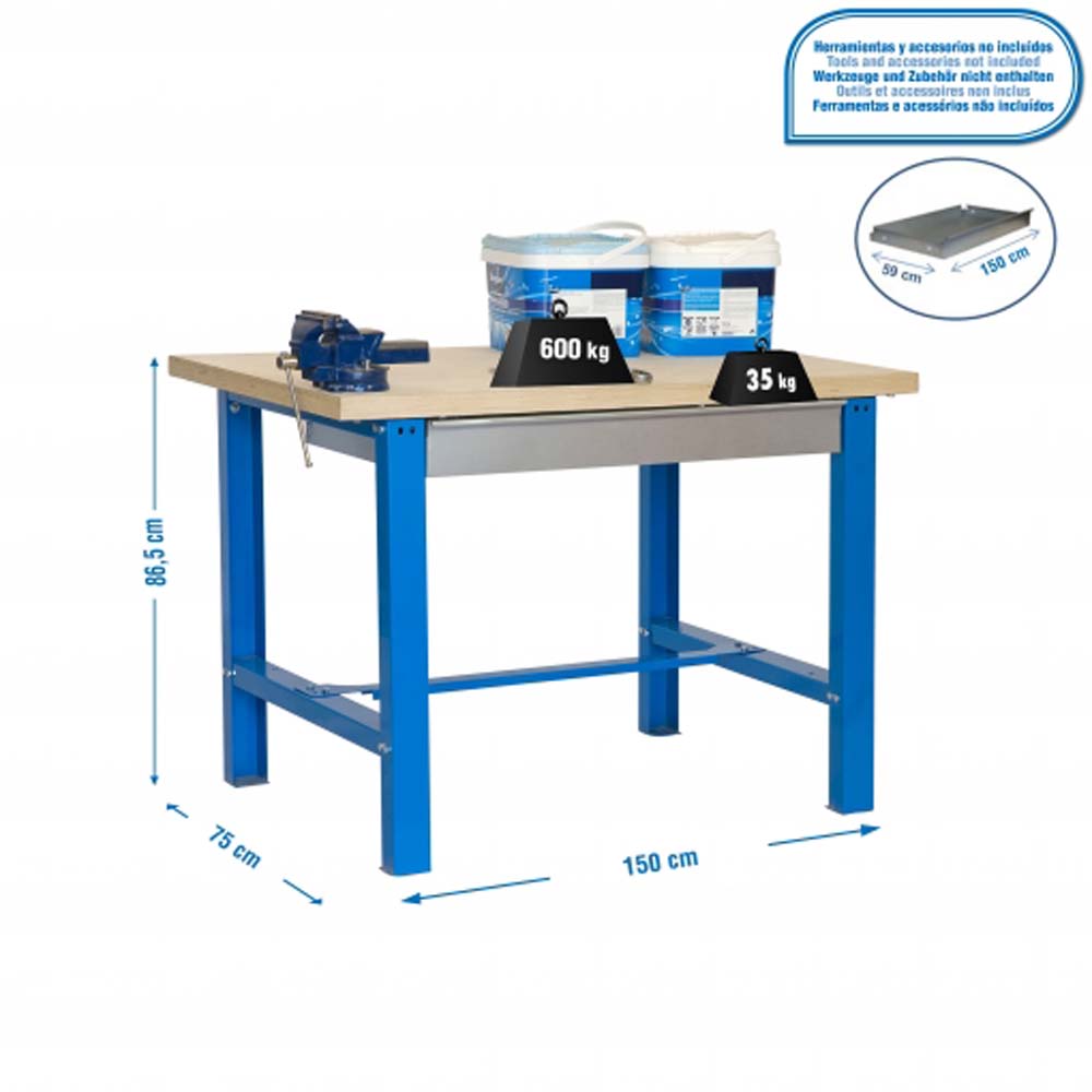 Werkbank BUFFALO WOOD mit Schublade | HxBxT 87x150x75cm | Traglast 600kg | Blau