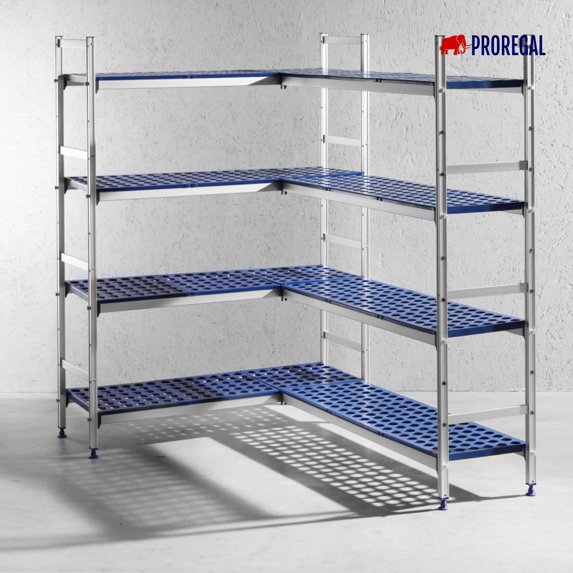 Aluminium-Gastro-Eckregal Polarfox | HxBxT 168,5x128x40,5cm | Fachlast 150kg | Silber/Blau