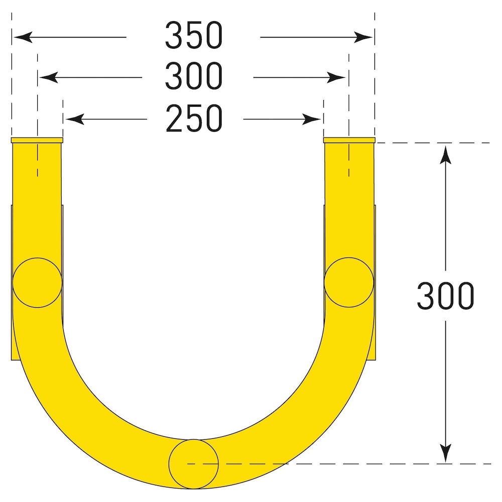Großer Rohrschutz-Bügel 180° zur Boden-/Wandmontage | Innenmaß HxBxT 100x25x27,5cm | Feuerverzinkter & kunststoffbeschichteter Stahl | Schwarz-Gelb