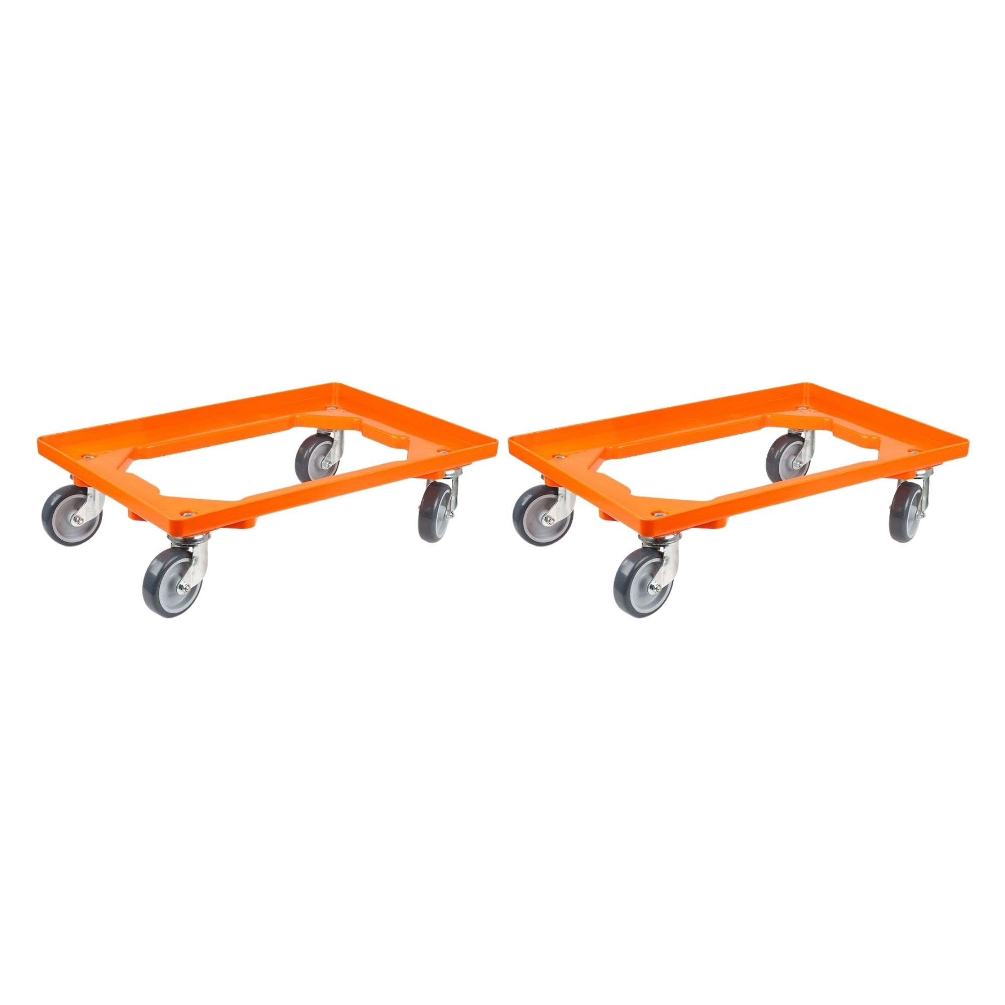 SparSet 2x Transportroller für Euroboxen 60x40cm mit Gummiräder orange | Offenes Deck | 2 Lenkrollen & 2 Bockrollen | Traglast 300kg | Kistenroller Logistikroller Rollwagen Profi-Fahrgestell