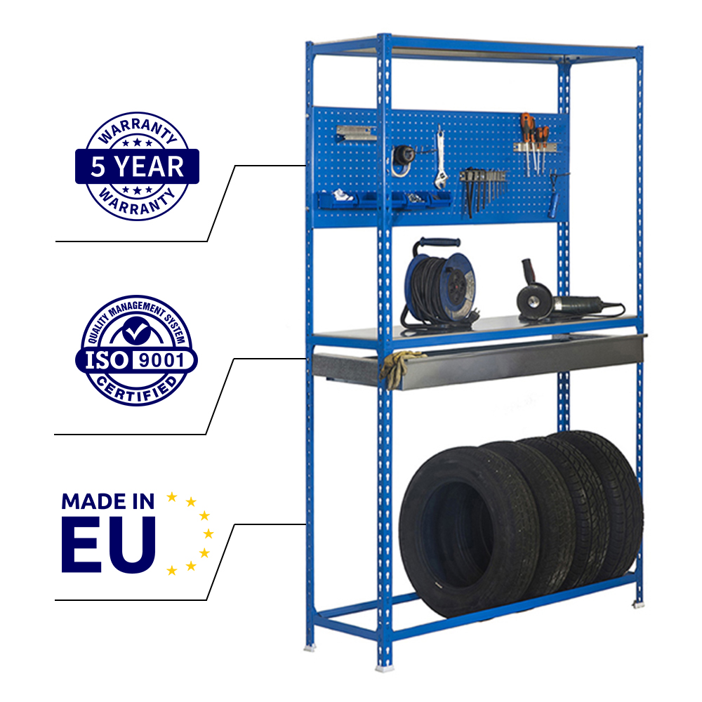 Reifenregal mit Arbeitsfläche und Schubfach METAL SHARK NO.5 | HxBxT 200x120x40cm | 6 Reifen | Blau