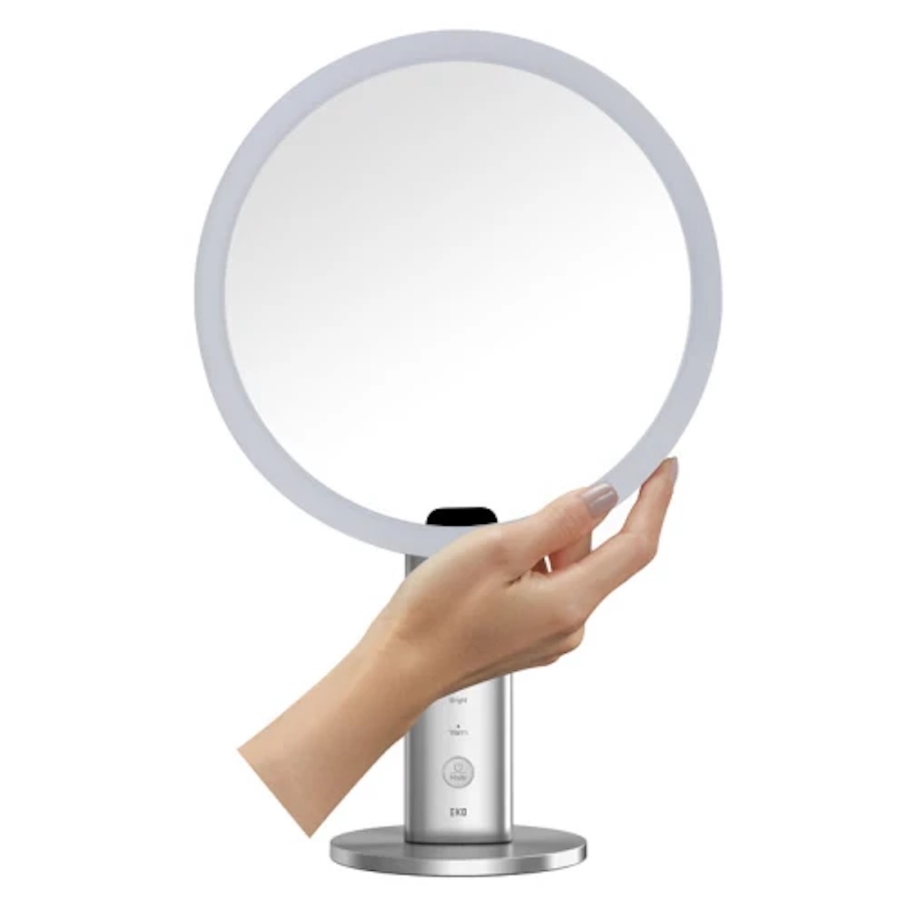 Stilvoller Spiegel aus mattiertem Edelstahl mit LED Beleuchtung | Ø 20cm, HxBxT 39,6x23,3x13cm | Matt Edelsthal