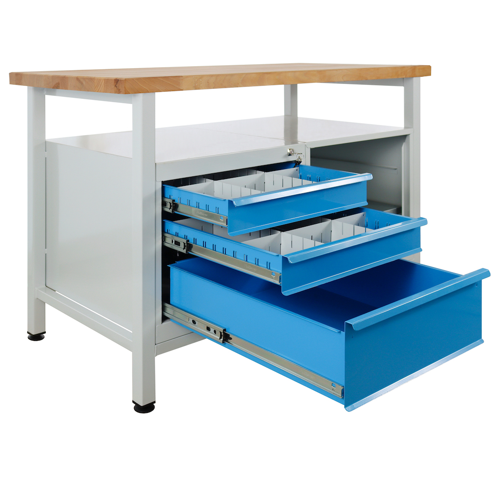 Werkbank Rhino mit Ablagefläche + 3 Schubladen + Regalteil | HxBxT 84x120x60cm | Traglast 300kg | Lichtgrau/Lichtblau