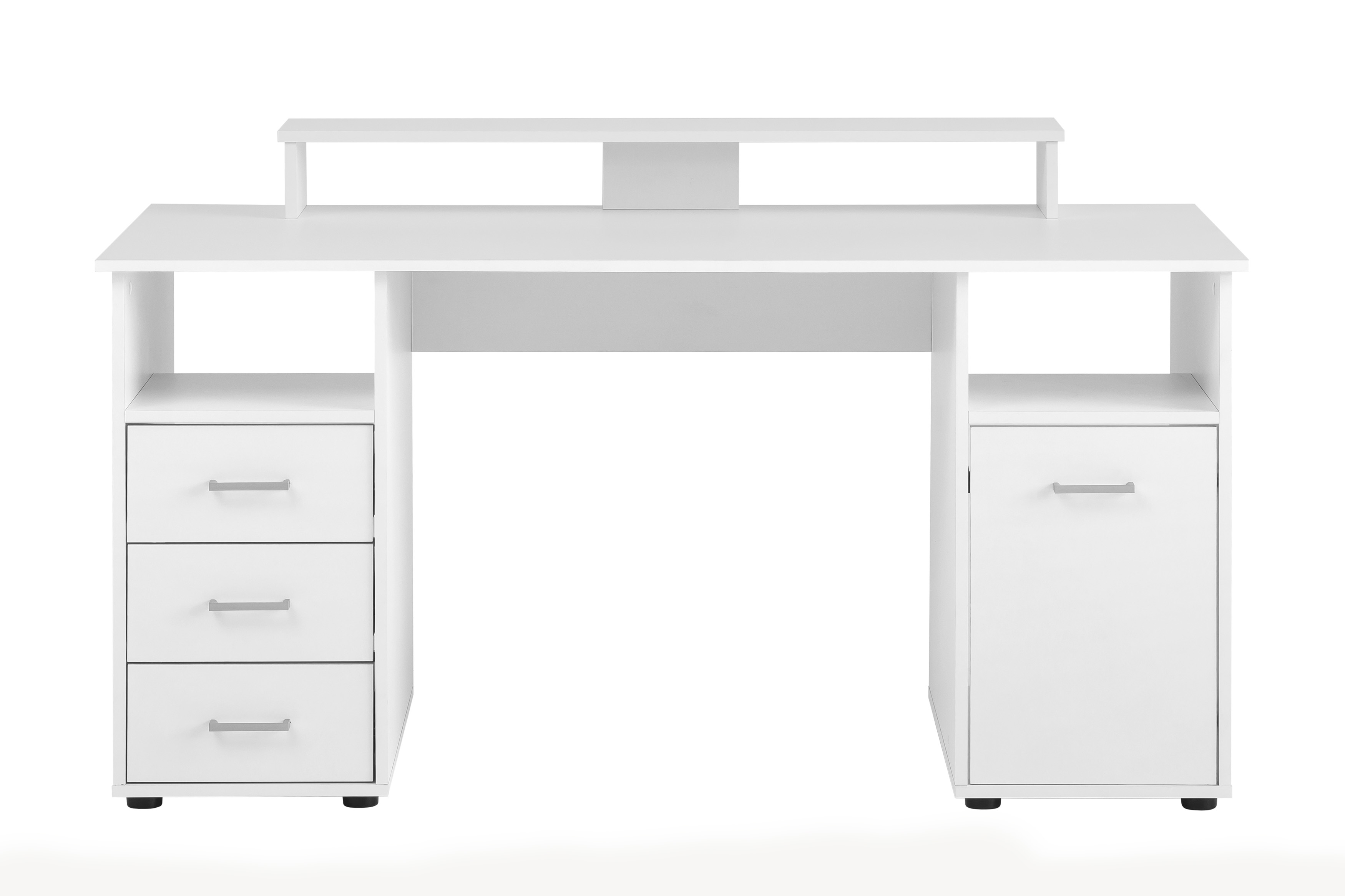 Möbelpartner Schreibtisch Fox | Large | HxBxT 86x150x70cm | 3 Schubladen, 2 offene Fächer, 1 Fach mit Flügeltür & Monitorständer | Weiß