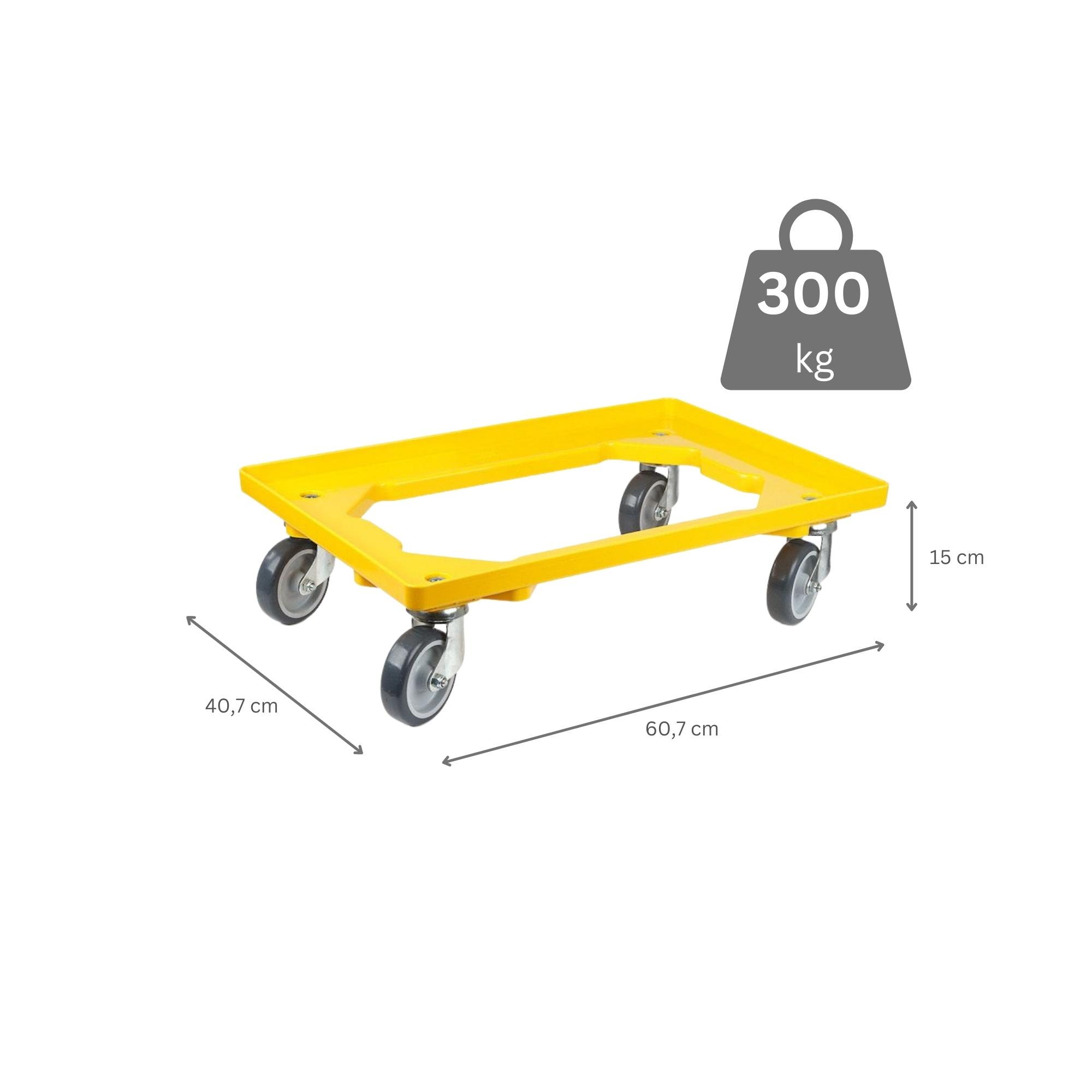 Transportroller für Euroboxen 60x40cm mit Gummiräder gelb | Offenes Deck | 4 Lenkrollen | Traglast 300kg | Kistenroller Logistikroller Rollwagen Profi-Fahrgestell
