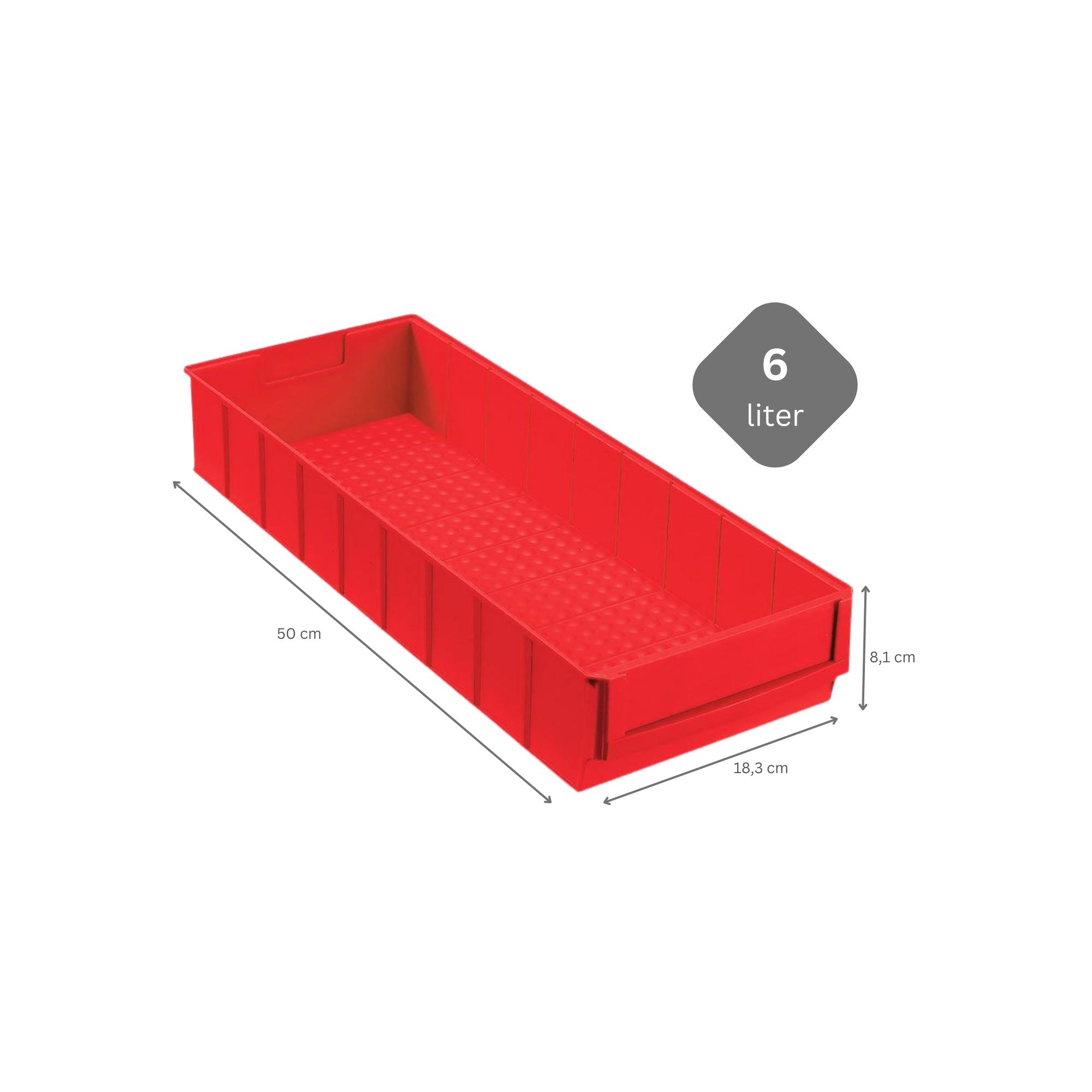 Rote Industriebox 500 B | HxBxT 8,1x18,3x50cm | 6 Liter| Sichtlagerkasten, Sortimentskasten, Sortimentsbox, Kleinteilebox