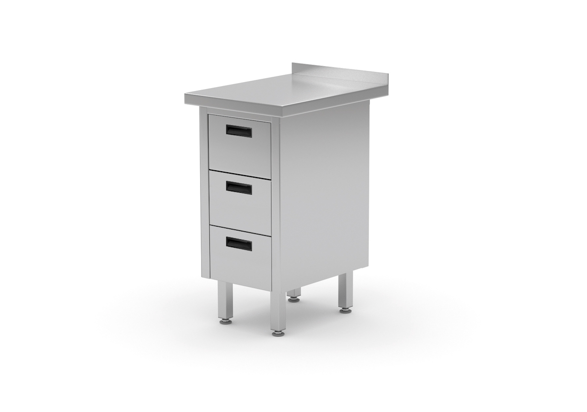 Edelstahl Gastro-Arbeitstisch mit 3 Schubladen und Aufkantung | AISI 430 Qualität | HxBxT 85x43x70cm