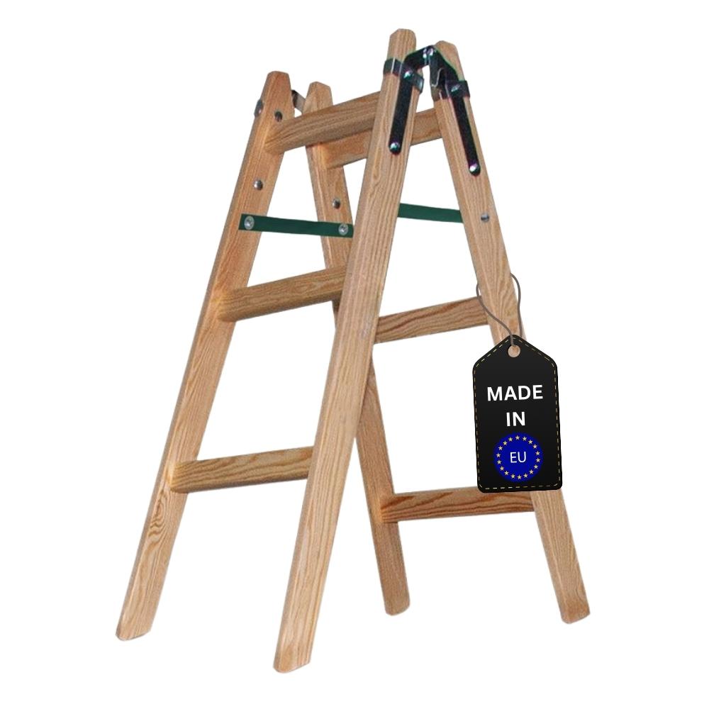Sprossen-Stehleiter aus Holz ECONOMY PLUS | beidseitig begehbar | 2x3 Sprossen | Arbeitshöhe 2,40m | Traglast 150kg