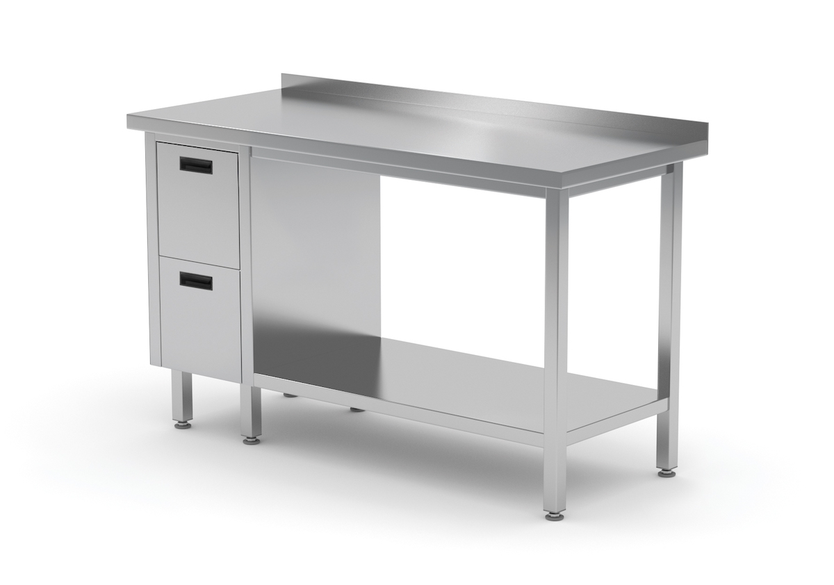 Edelstahl Gastro-Arbeitstisch mit 2 Schubladen links sowie Grundboden und Aufkantung | AISI 430 Qualität | HxBxT 85x110x70cm