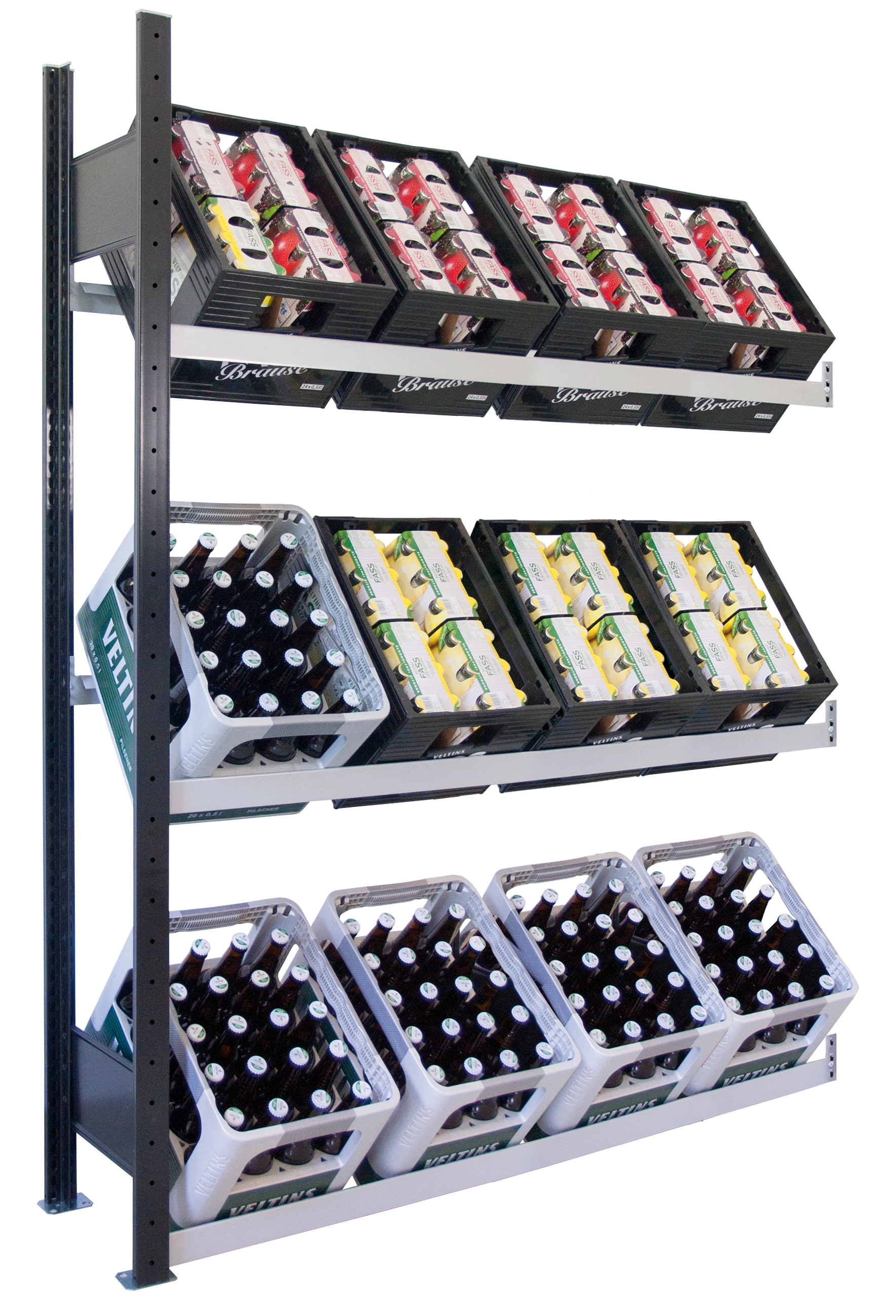 Schulte Getränkekistenregal | Anbauregal | HxBxT 180x130x30cm | 3 Ebenen für 12 Getränkekisten | Schwarz/Silber