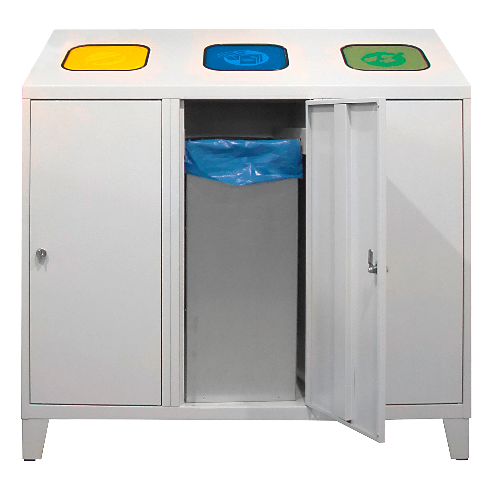 Recycling-Abfallsammler mit verzinktem Behälter Trio | HxBxT 122x120x45cm | 3x 120 Liter | Lichtgrau