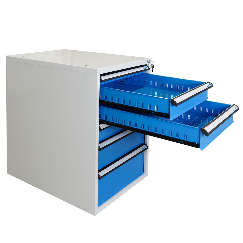 Schubladenbox mit 6 Schubladen für Werkbank Rhino| HxBxT 80x53x70cm | Traglast 60kg | Lichtgrau/Lichtblau