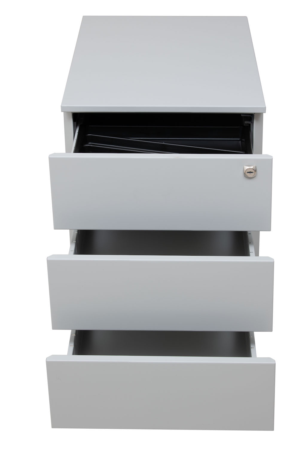 Rollcontainer Horse | 3 Schubladen | Seitengriff + Materialfach | HxBxT 55x39x59 cm | Metalldeckplatte | Grau