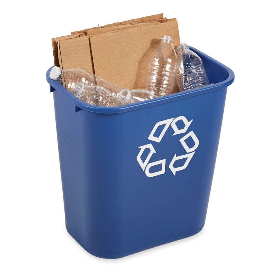 Rubbermaid rechteckiger Abfallbehälter aus Polyethylen | 26,6 Liter, HxBxT 38,1x26x36,3cm | Blau mit Recyclingsymbol
